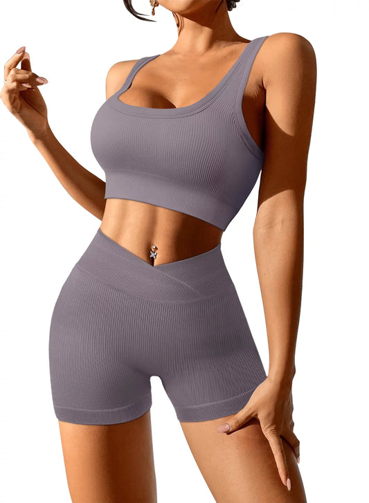 Workout 2 Pcs Outfits for Women Seamless Tank Top Bodycon Pants Shorts Set Solid Color Tracksuit Active Sportwear