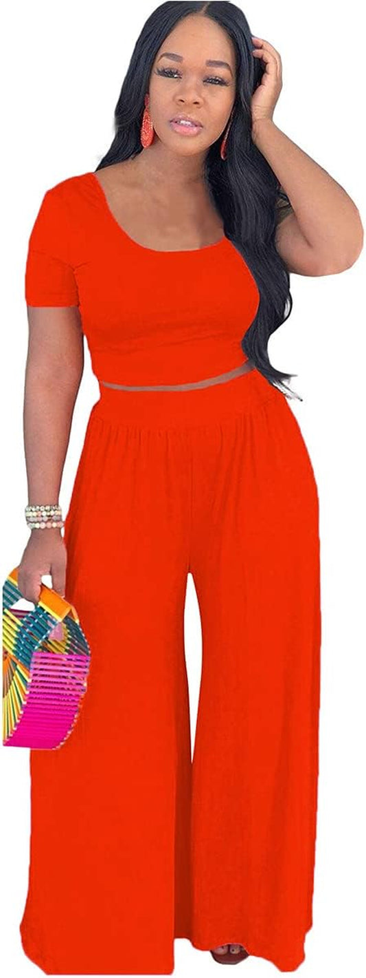 2 Piece Wide Leg Outfits for Women Short Sleeve Stripe Crop Top Wide Leg Palazzo Pants Outfits