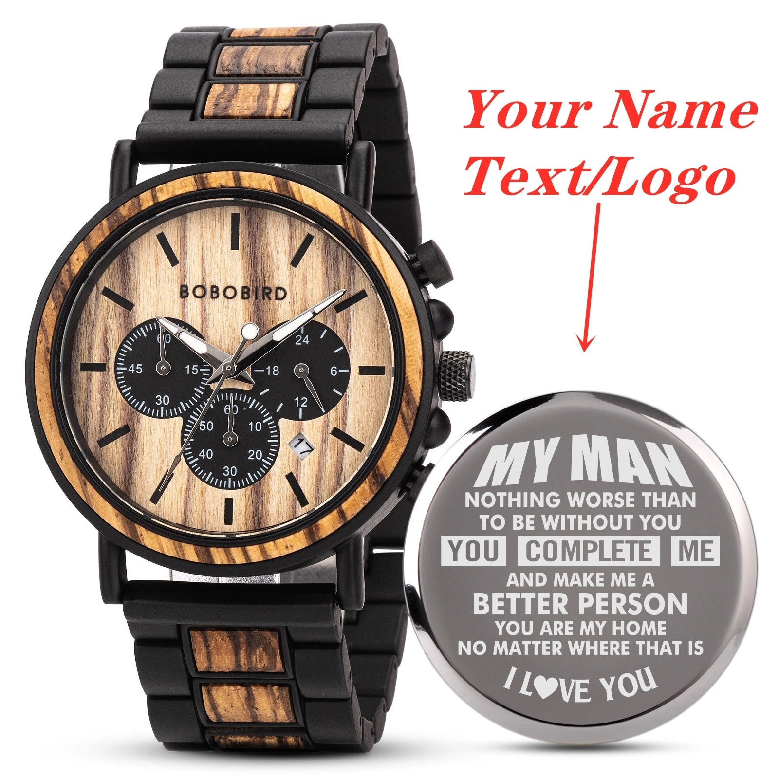 BOBOBIRD Engraved Wooden Watch Custom Precious Gift Quartz Wristwatch Men Boyfriend Birthday Groomsmen Anniversary Father'S Day